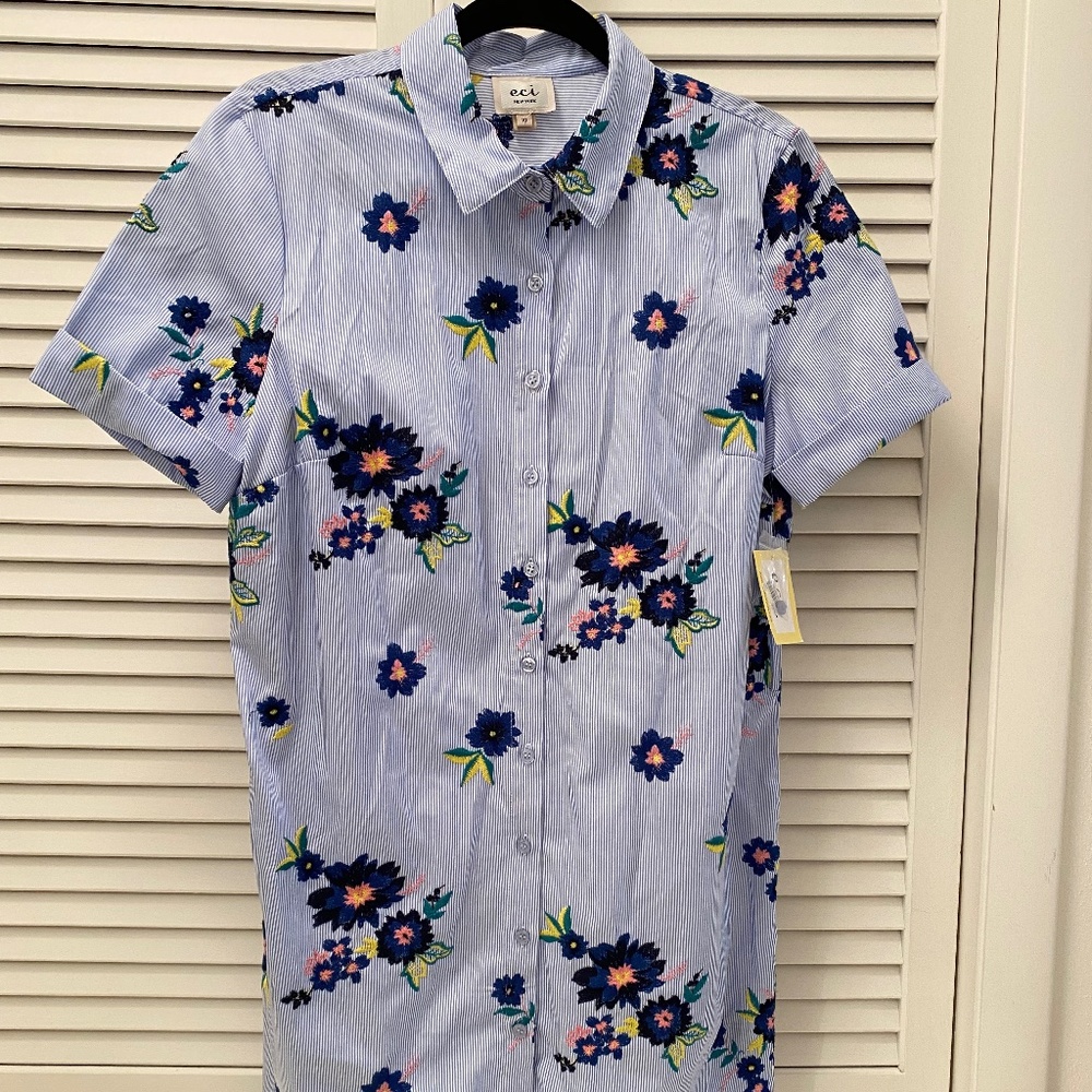 ECI women's size 10 blue white striped floral print Sheath shirt dress